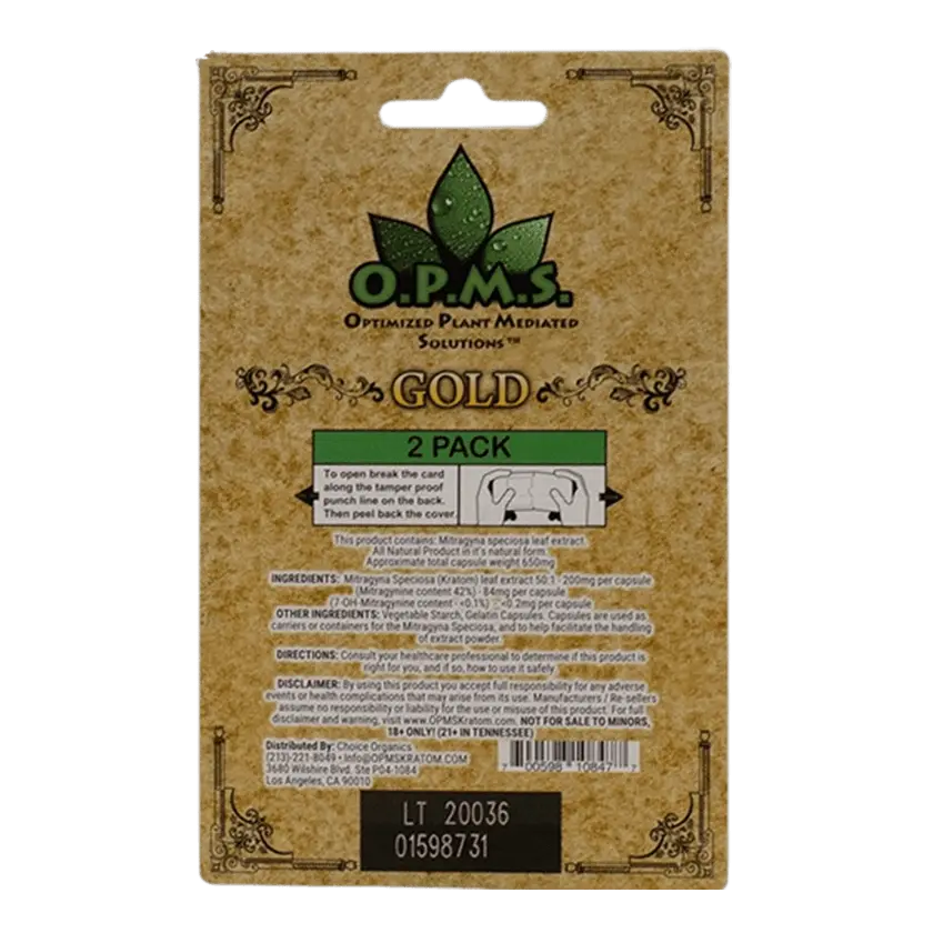 Buy Kratom Online - Shop Kratom Capsules - O.P.M.S. Gold Kratom Extract Capsules - 2 count - back