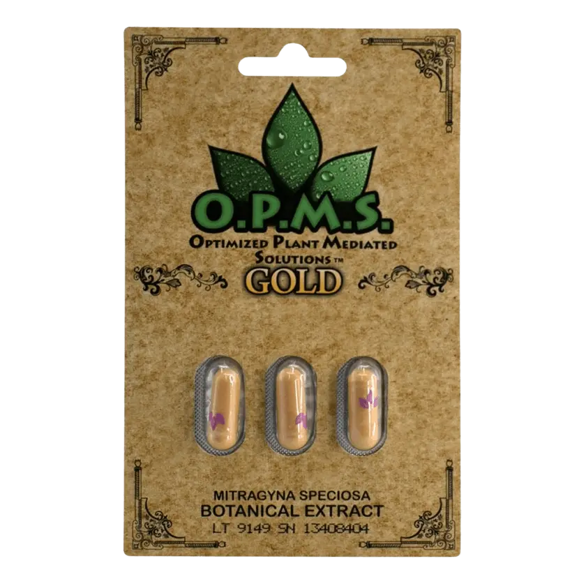 Buy Kratom Online - Shop Kratom Capsules - O.P.M.S. Gold Kratom Extract Capsules  - 3 count - front