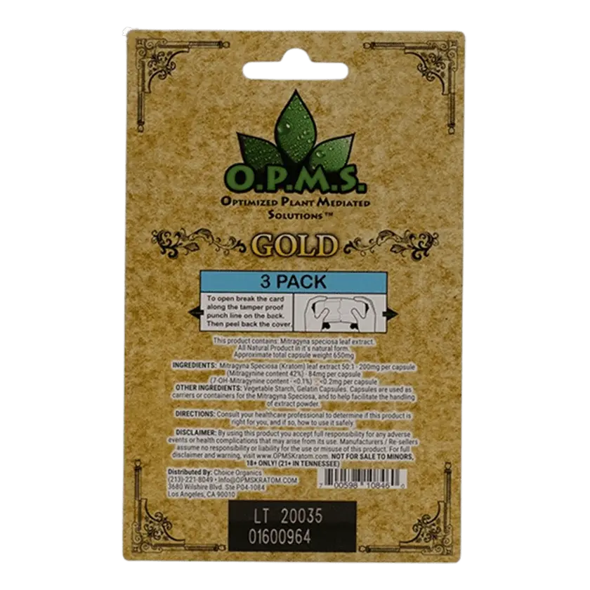 Buy Kratom Online - Shop Kratom Capsules - O.P.M.S. Gold Kratom Extract Capsules  - 3 count - back