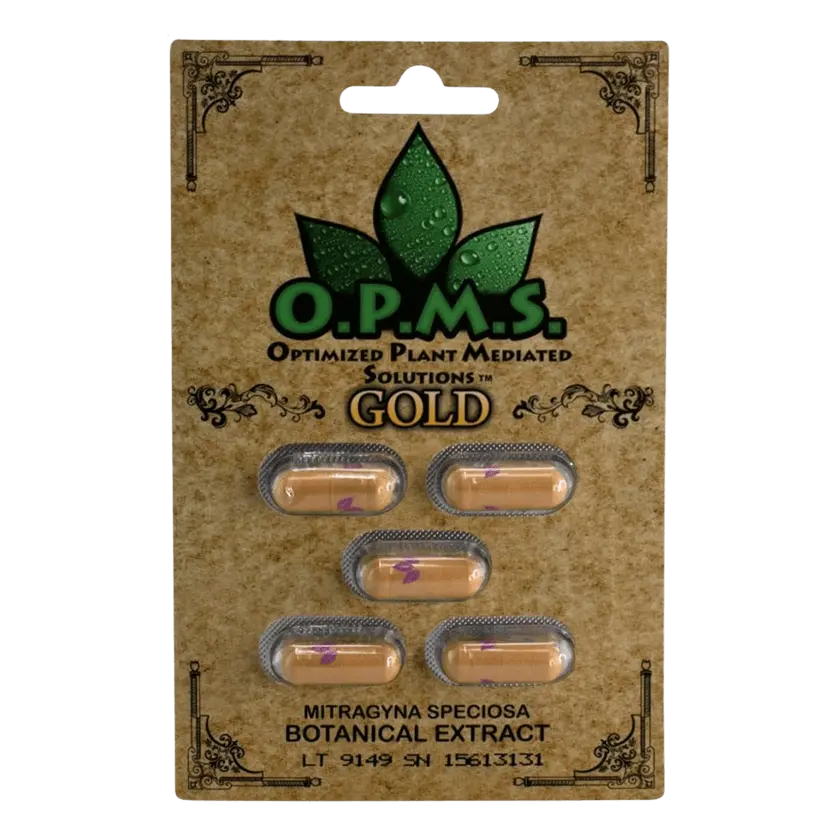 Buy Kratom Online - Shop Kratom Capsules - O.P.M.S. Gold Kratom Extract Capsules - 5 count - front